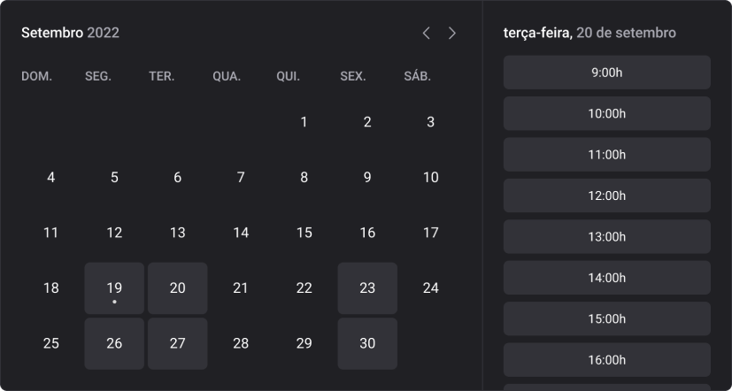 Calendário escuro de Setembro de 2022, com algumas datas destacadas com a cor cinza.